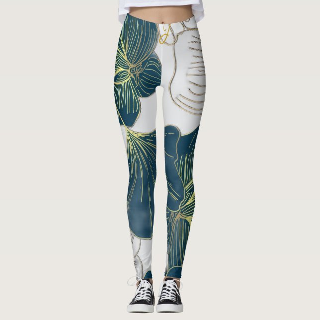 Legging Elegant Leaves of Blue With Gold Lines Botanical (Frente)