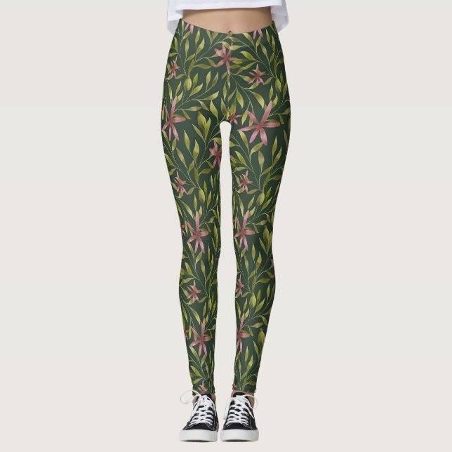 Legging Elegant Pink Flower Pattern on Dark Background (Frente)