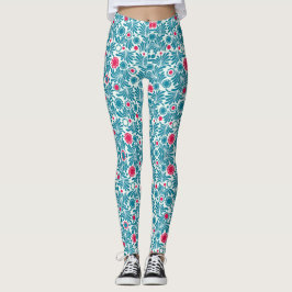 Legging Elegant Teal and Magenta Foliage Pattern