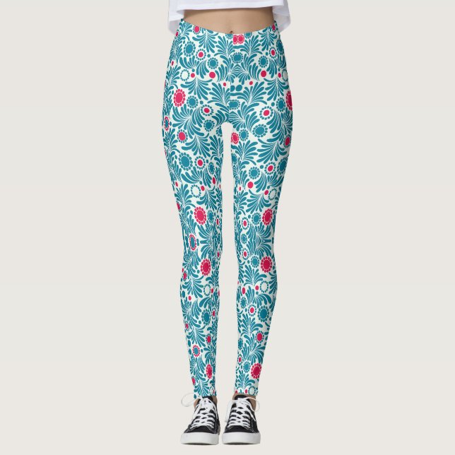 Legging Elegant Teal and Magenta Foliage Pattern (Frente)