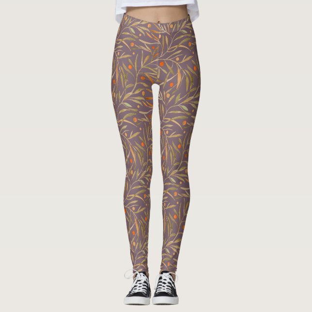 Legging Elegant Watercolor Leaf Pattern  Purple Background (Frente)