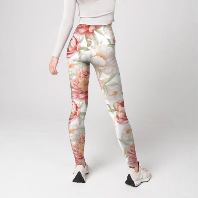 Legging Elegante Bontânico da Grande Camélia em Pastel Ros (Elegant botanical big camellia in pink pastel color, printed leggings.)