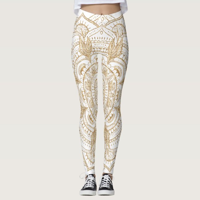 Legging Elegante, branco e Dourado, Design de desenho da m (Frente)