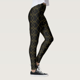 Legging Elegante Design de Caixa Geométrica Dourada Preta