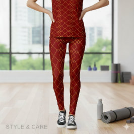 Legging Elegante Design de Caixa Geométrica Dourada Vermel