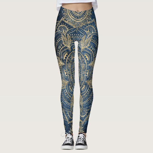 Legging Elegante Dourado Mandala Blue Whimsy Design (Frente)