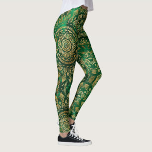 Legging Elegante Dourado Mandala Floral Verde