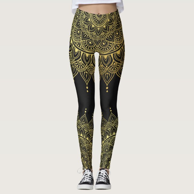 Legging Elegante Dourado no Floral Negro Suave Henna Manda (Frente)
