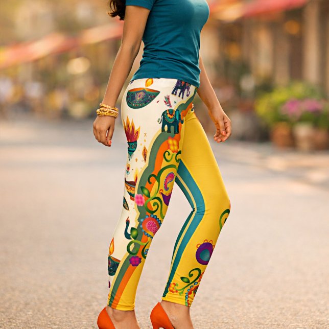 Legging Elegante Elefante Padrão Indiano Boho (Leggings featuring an India inspired colorful design with paisley pattern and elephants)