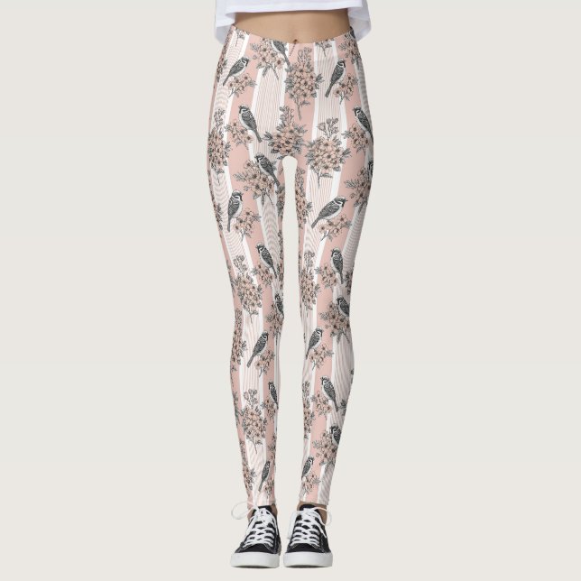 Legging Elegante Floral de Ave com Listras de Pêssego (2) (Frente)
