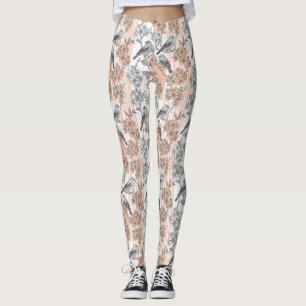 Legging Elegante Floral de Listra de Pêssego Pássaro (1)