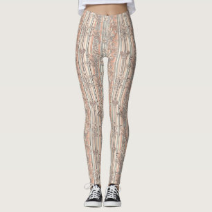 Legging Elegante Floral de Pássaro com Listras de Pêssego