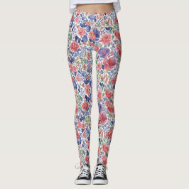 Legging Elegante Floral Pastel Vermelho e Roxo Aquarela 