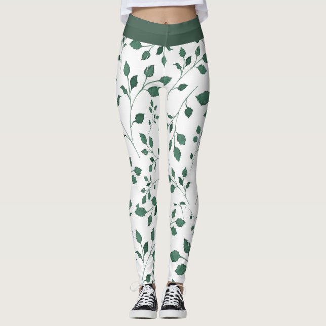 Legging Elegante Impressão de padrão branco e folha verde (Frente)