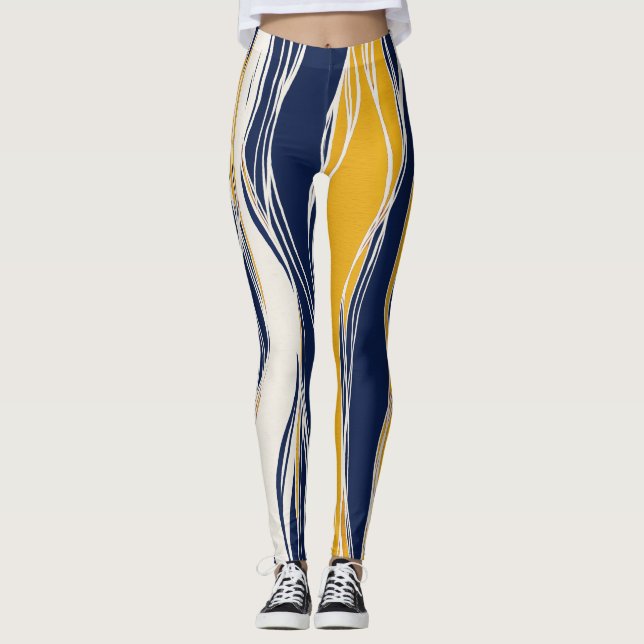 Legging Elegante, moderno, linhas em azul marinho e amarel (Frente)