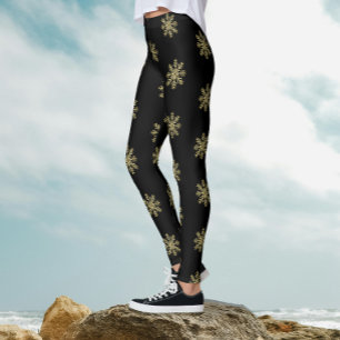 Legging Elegante Padrão de Floco de Neve em Preto e Dourad