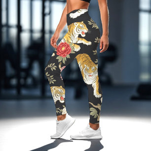Legging Elegante padrão de tigre e peônia em Chinoiserie p