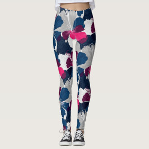 Legging Elegante padrão floral de hibisco azul (14)