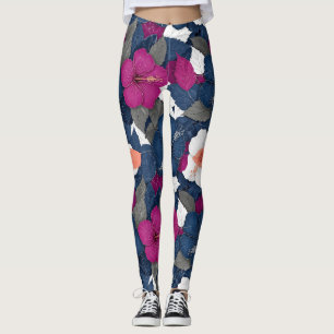 Legging Elegante padrão floral de hibisco azul (2)