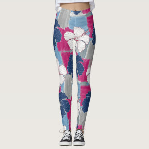 Legging Elegante padrão floral de hibisco azul (5)
