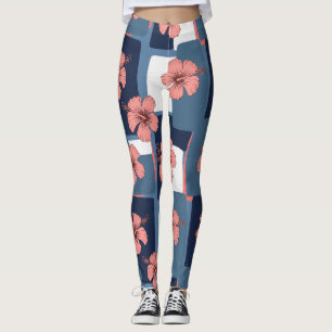 Legging Elegante Padrão Floral de Hibisco Azul (8)