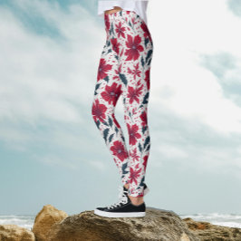 Legging Elegante Padrão Floral de Poinsettia Vermelha e Br