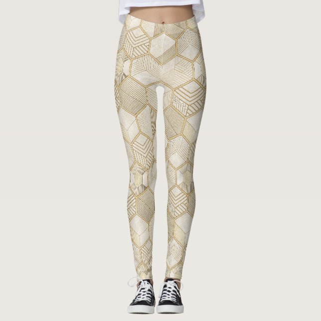 Legging Elegante Padrão Geométrico Hexágono Dourado - Márm (Frente)