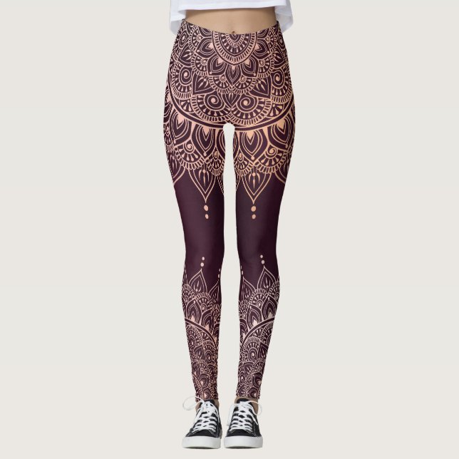Legging Elegante Rosa Dourado na Borgonha Floral Henna Man (Frente)