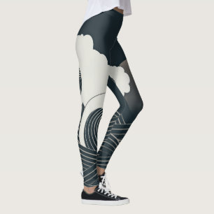 Legging Elegante Trabalho de arte branco e preto de ondas 