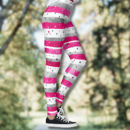 Legging Elegantes Corações de Rosa e Prata no Listrado