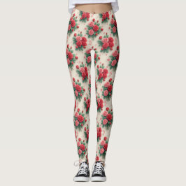 Legging Elegantes Ramalhetes de Rosas Rosa e Vermelha
