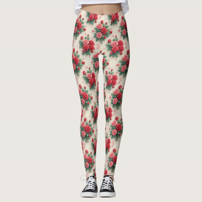 Legging Elegantes Ramalhetes de Rosas Rosa e Vermelha (Frente)