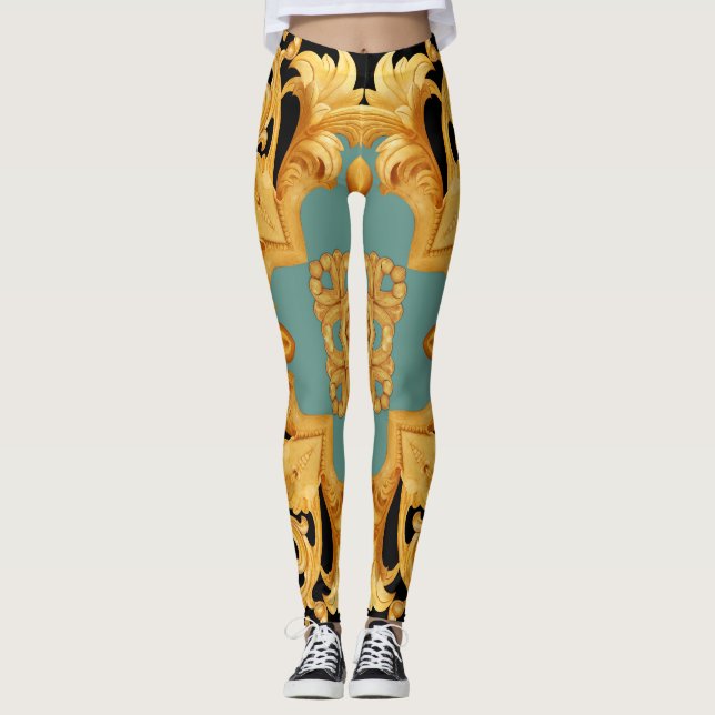 Legging Elementos 3D do Ornamento Barroco ouro (Frente)
