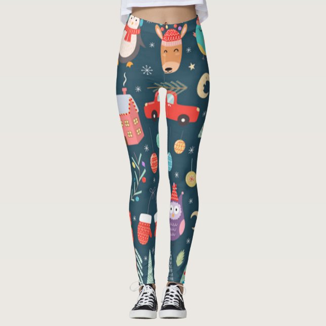 Legging elementos de natal agudos vetores papais noeis pin (Frente)