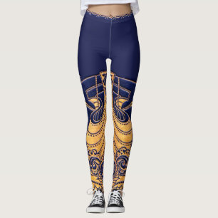 Legging Embarcação Antiga,Golfinhos,Dourado,Azul Marinho N