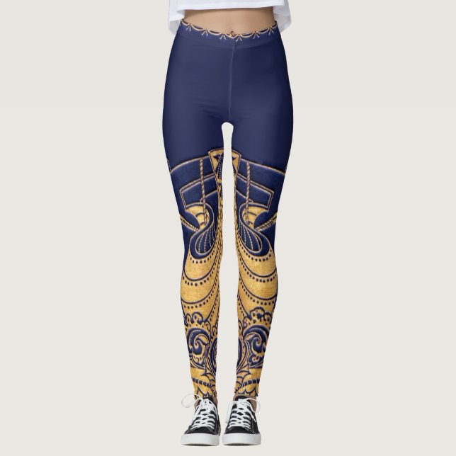 Legging Embarcação Antiga,Golfinhos,Dourado,Azul Marinho N (Frente)