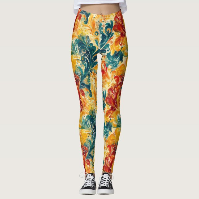 Legging Emerald Green e Douradas Folhas de Abstrato Paisle (Frente)