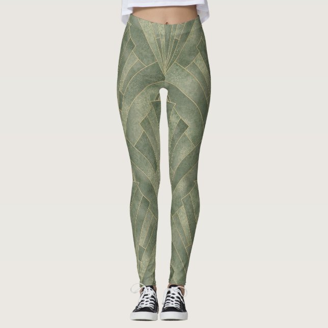 Legging Emerald Green e Dourado padrão de arte deco (Frente)