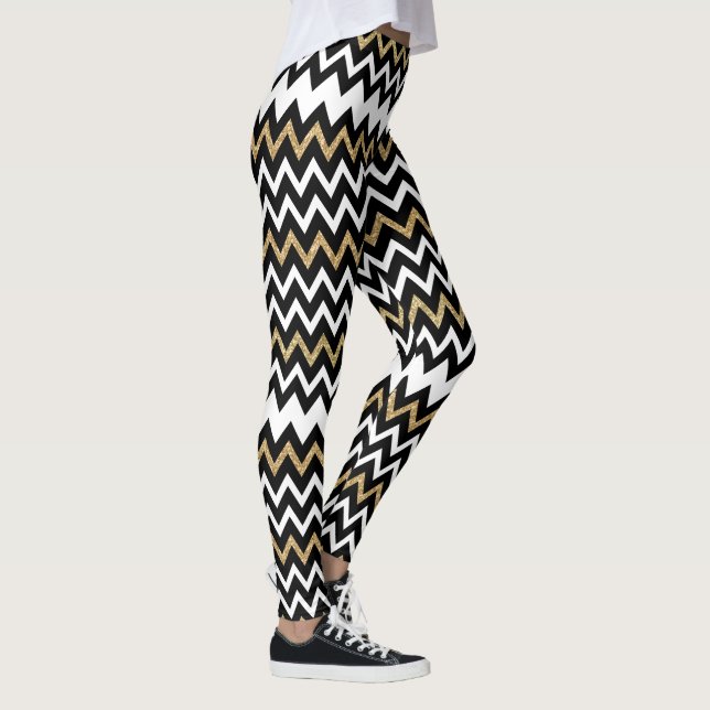 Legging Ênfase Dourada do Padrão Chevron Preto e Branco (Direita)