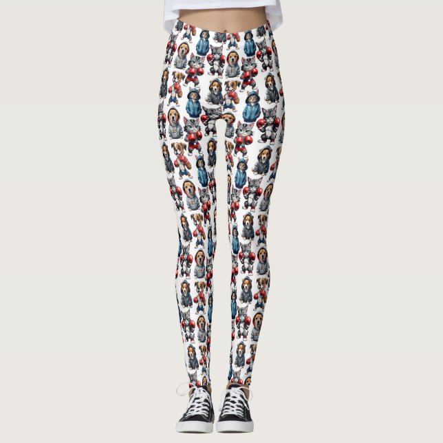 Legging Engraçado Boxing Cat Dog Pattern Design (Frente)