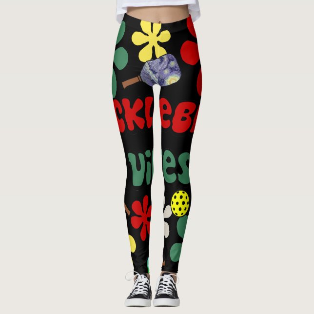 Legging Engraçado Pickleball Vibes Retro Flores Arte (Frente)