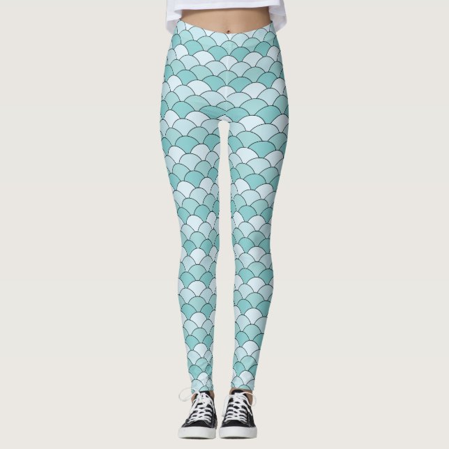Legging Escalas de Dragão, Ventoinhas, Ondas, Seigaiha, Az (Frente)