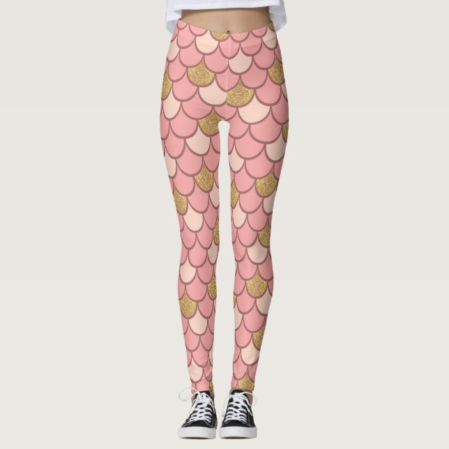 Legging Escalas de Sereia Douradas de rosa com Glitter (Frente)
