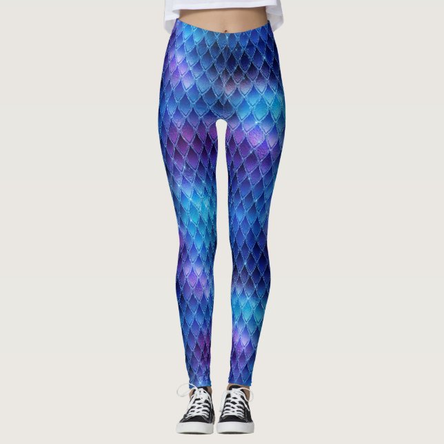 Legging Escamas de Dragão Azul e Prata com Brilhos (Frente)
