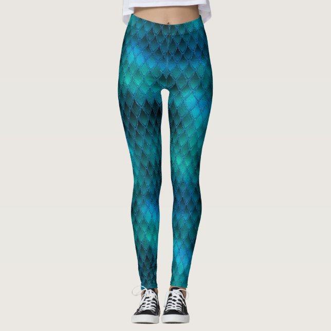 Legging Escamas de Dragão Verde-azulado Brilhante e com Br (Frente)