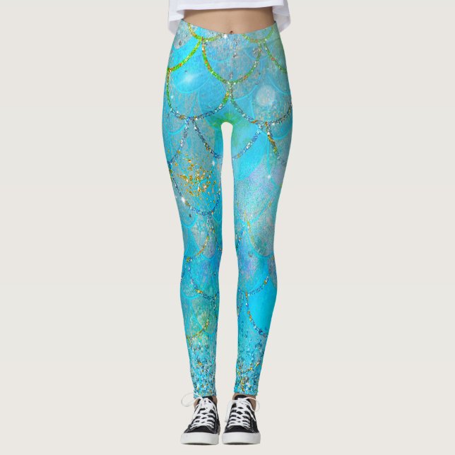 Legging Escamas de sereia com brilho azul iridescente lind (Frente)
