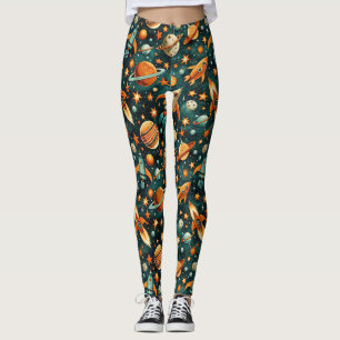 Legging Espaço Atômico Laranja Teal Planeta Meados do Sécu