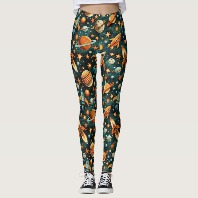 Legging Espaço Atômico Laranja Teal Planeta Meados do Sécu (Frente)