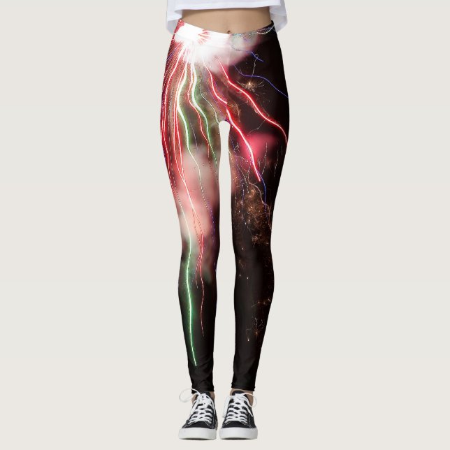 Legging Espetacular Red Green Fireworks Abstrato céu negro (Frente)