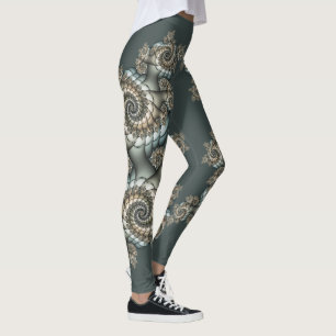 Legging Espirais de Arte Fractal Azul-abstrato Beige